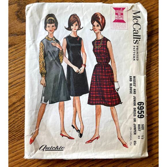 Vintage 1960s McCalls 6959 Sewing Pattern Sz XS 12 Knee Length Dress Jumper Top - Picture 1 of 2